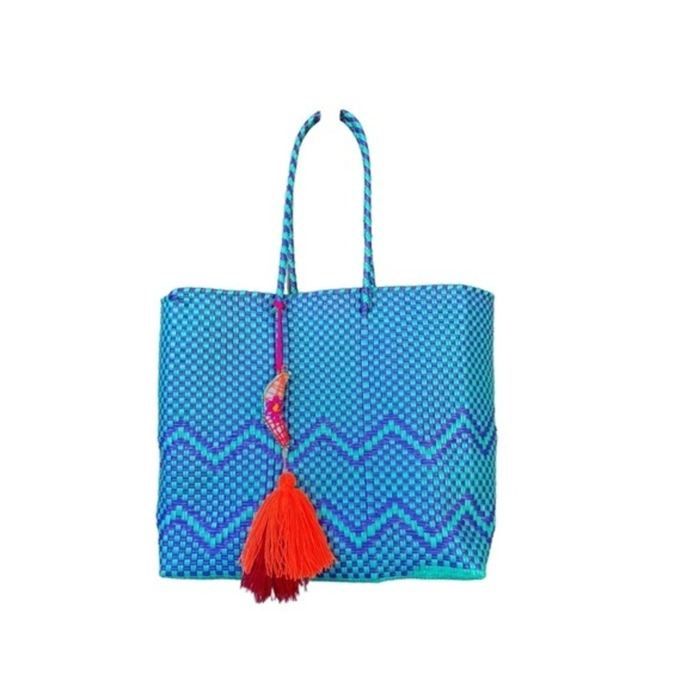 Oaxacan Handbag Blue Turquoise Market Woven Crescent Moon Tassel Boho tote bag